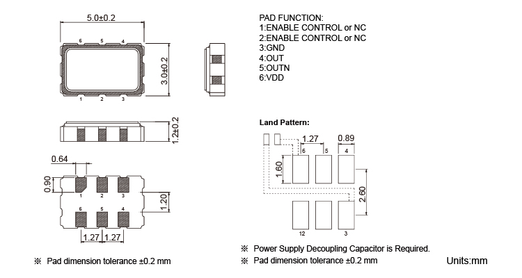 Quartz Crystal Differential Oscillator HCSL Output X5H Dimensions